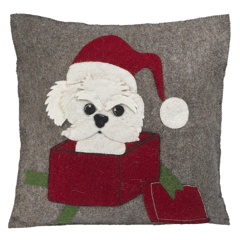 Hand Felted Wool Christmas Pillow - Dog in Box - 20"