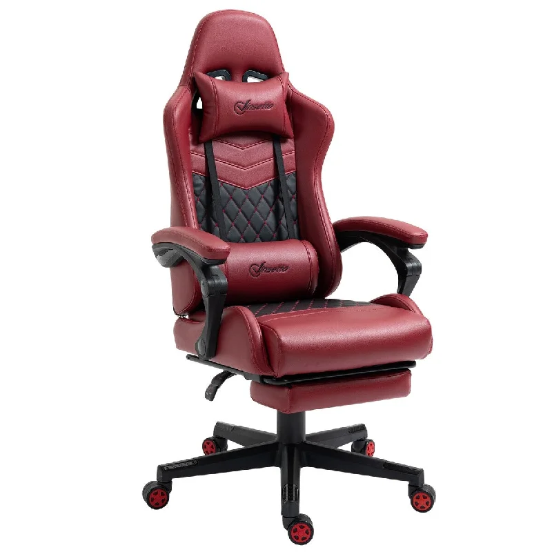 Diamond PU Leather Office Gamer Chair High Back Swivel Recliner with Footrest, Lumbar Support, Adjustable Height, Red