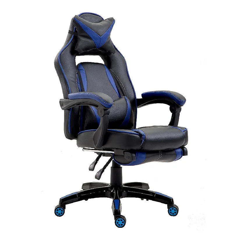 High Back Recliner Gaming Swivel Chair with Footrest & Adjustable Lumbar & Head Cushion, MR49 Black & Blue