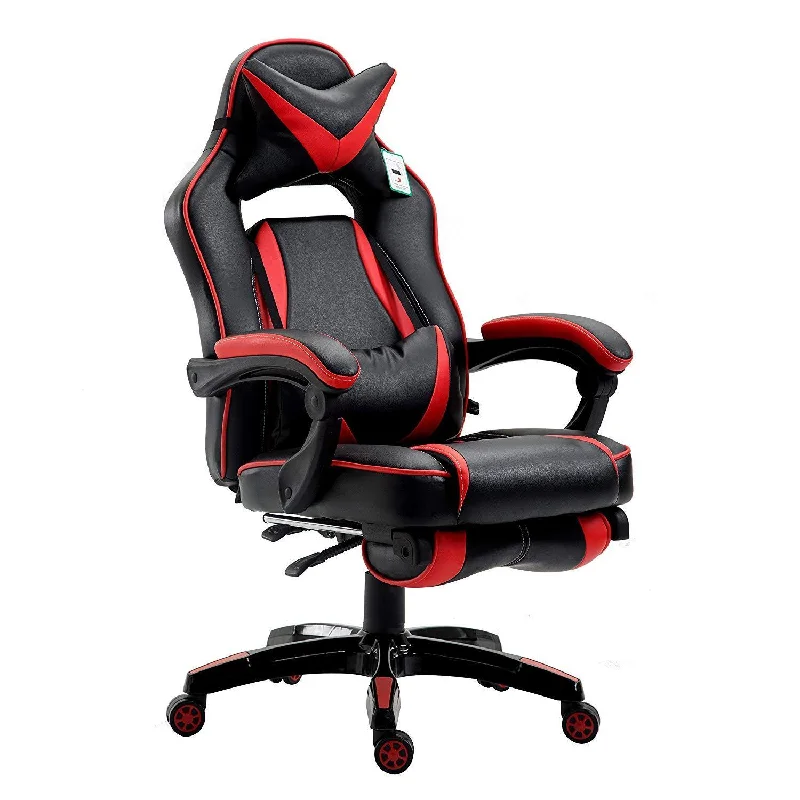 High Back Recliner Gaming Swivel Chair with Footrest & Adjustable Lumbar & Head Cushion, MR49 Black & Red