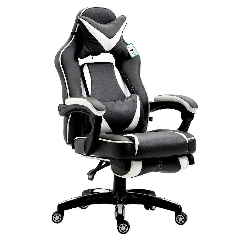 High Back Recliner Gaming Swivel Chair with Footrest & Adjustable Lumbar & Head Cushion, MR49 Black & White