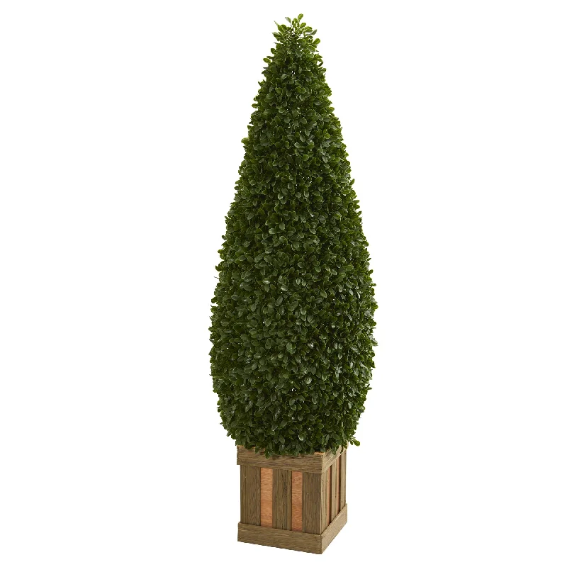 Nearly Natural 5607 5' Artificial Green Boxwood Cone Topiary Tree with Decorative Planter