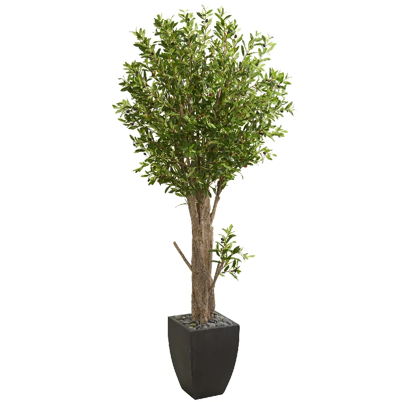 Nearly Natural 5614 6.5' Artificial Green Olive Tree in Black Planter