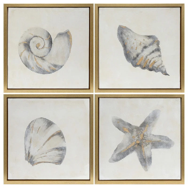 Sagebrook Home 70038 18x18", Set of 4, Sea Shells Oil Painting, Gold